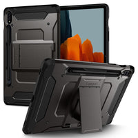 Galaxy Tab S7 Case Tough Armor Pro in gunmetal showing the back, front, and standing on kickstand horizontally